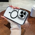 thumbnail image 1 of Anti-Fingerprint Transparent Magnetic Case for iPhone 16 Plus with Camera Lens Protector, Matte Shockproof PC+TPU Cover, Compatible with MagSafe, Camera Frame Kickstand Back Cover, Black, 1 of 7