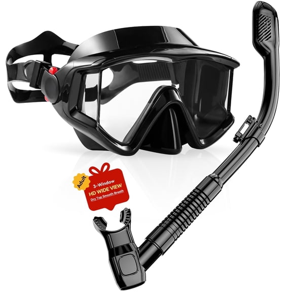 Adult Snorkel Set, Travel Size Snorkeling Gear for Adults, 3 Window Anti-Fog Panoramic View Scuba Diving Mask and Dry Top Snorkel Combo