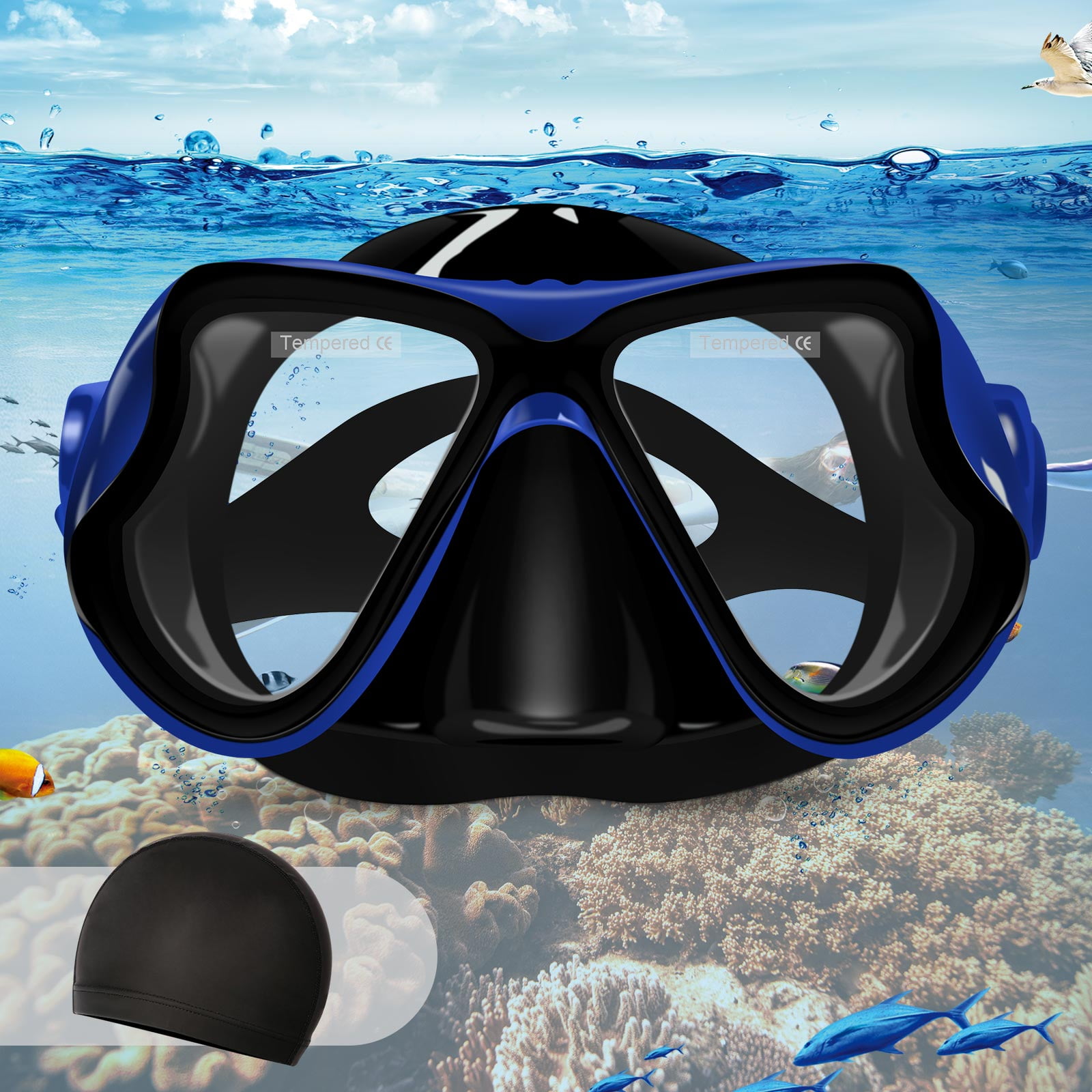 AntiFog Diving Mask Tempered Glass Lens, Scuba Mask with swim cap