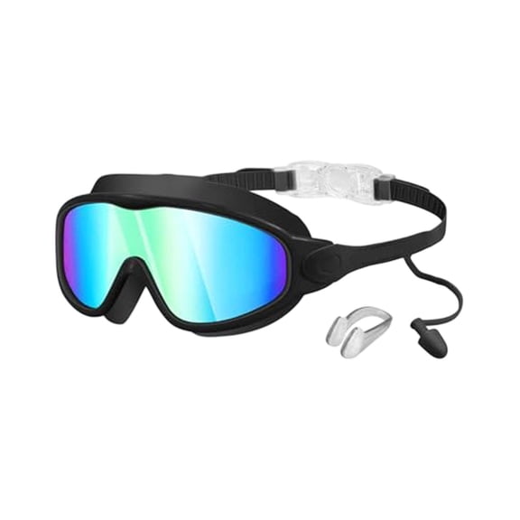 Anti Fog Swim Goggles 6.3 Inch with Earplugs and Nose Clip, Wide View No Leaking Swimming Glasses for Adults, UV Protection Pool Goggles for Training and Recreation, Swimming, Black