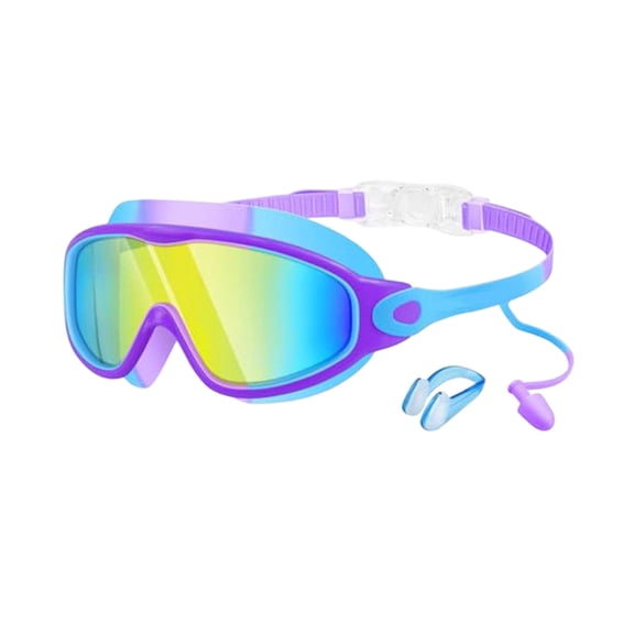 Anti Fog Swim Goggles 6.3 Inch with Earplugs and Nose Clip, Wide View No Leaking Swimming Glasses for Adults, UV Protection Pool Goggles for Training and Recreation, Swimming, Purple