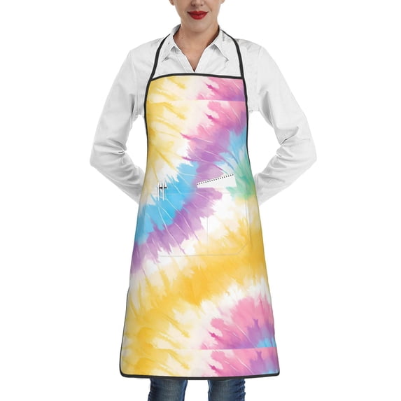 Anti-Fouling Belt Pocket Elasticated Apron - Non-Slippery Non-Fading Non-Shrinking Non-Crinkly Water-Repellent Yellow Tie-Dye Background Rainbow Colors_1