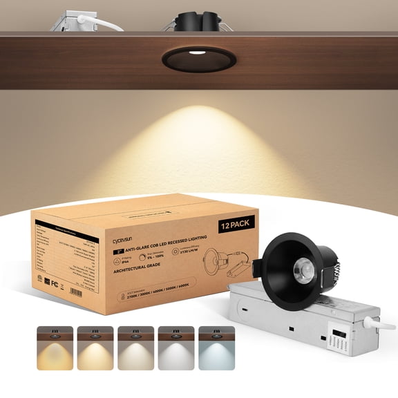 Anti-Glare Black 2 Inch Recessed Lights, COB Canless Ceiling Spotlight Indoor, 5CCT Selectable, 130lm/W, RA95 Small Exterior Soffit Lights, 8W, Dimmable, ETL, IP44 Damp Rated, 12-Pack