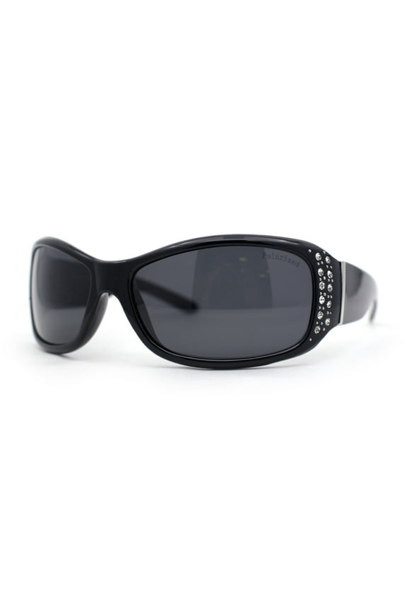 Anti Glare Polarized Womens Rhinestone Oval Rectangular Sunglasses All Black