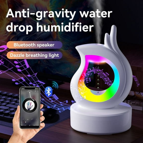 Anti Gravity Humidifier Water Drop Bluetooth Speaker with RGB LED Night Light 450ml Mist Humidifier Bedside Lamp Desktop Humidifier Auto Power-Off Protection for Large Room Bedroom Home Office