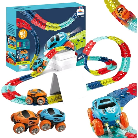 Anti Gravity Race Track with Car - 2026 Upgraded Kids Race Track Set with LED Light-Up Race Car, Interchangeable Car Shells Multicolor Changeable Tracks (2 Cars-184Pcs Track)
