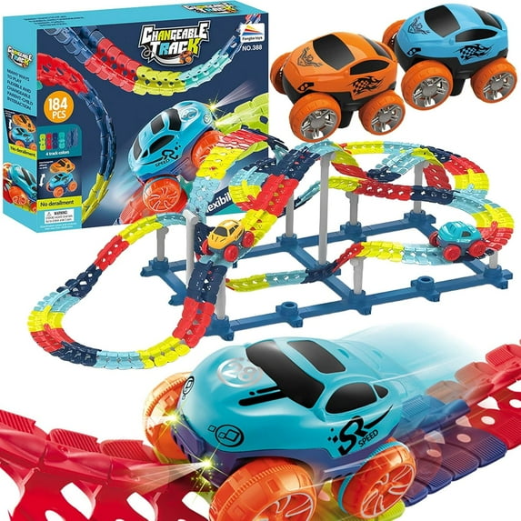 Anti Gravity Race Track with Car, Glow in The Dark Race Track Set, Car Track Set with LED Light-Up Race Car,Interchangeable Car Shells,Multicolor Flexible Changeable Tack