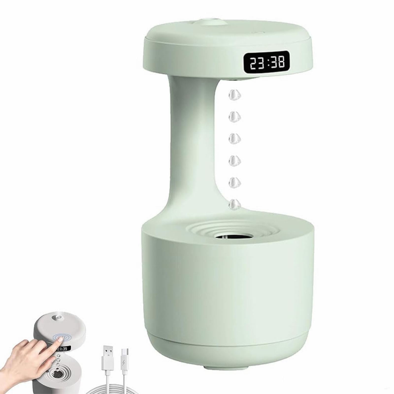 Anti-Gravity Water Drop Humidifier, Anti Gravity Humidifier with Clock, 800ml Cool Mist Desk Unit, Visual Fountain Water Flow Effect, Quiet Operation for Bedroom, Office & Home Decor Green