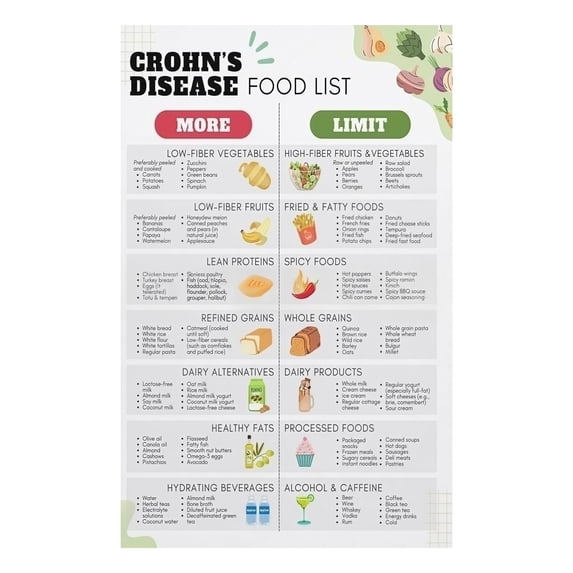 Anti Inflammatory Foods to Eat Avoid Low Residue Diet Chart for Crohns Disease Gut Health Educational Poster for Home Kitchen Decor