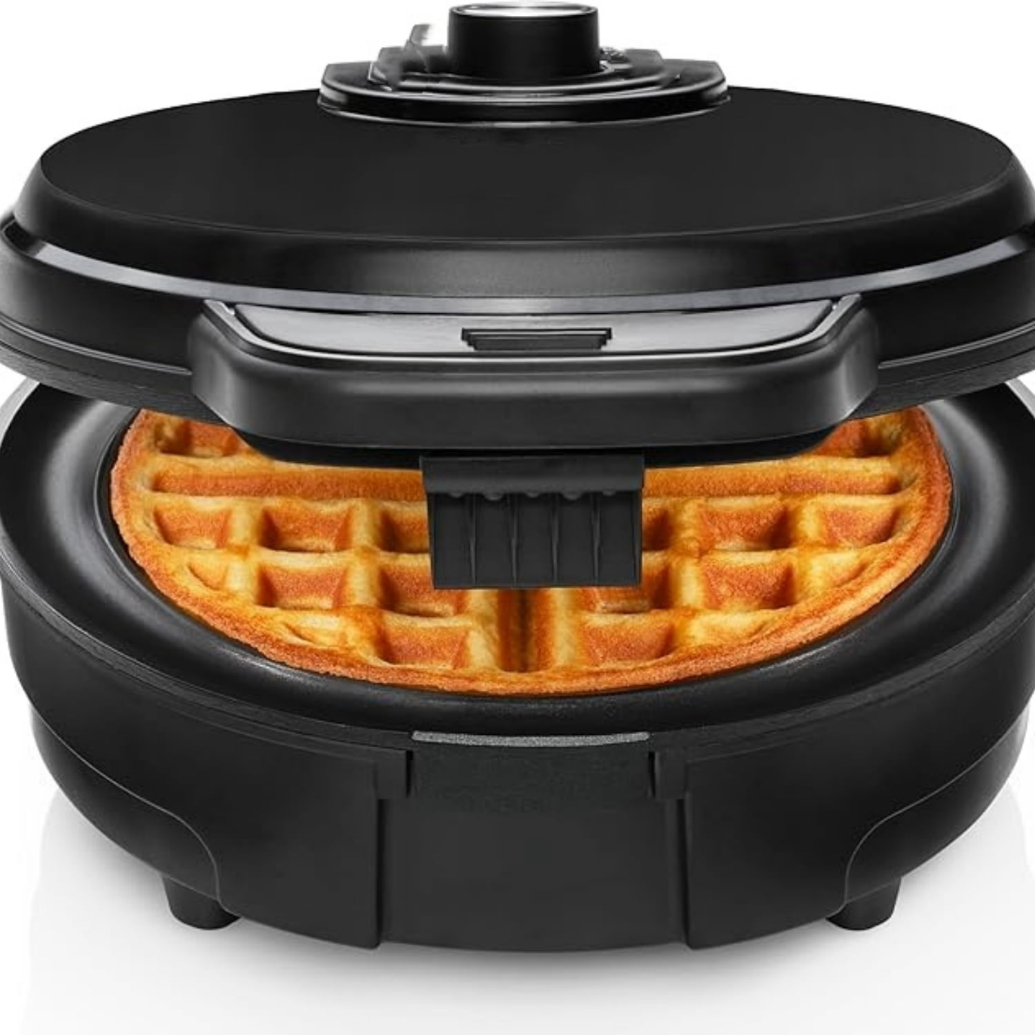 Anti-Overflow Belgian Waffle Maker w/Shade Selector, Temperature Control, Mess Free Moat, Round Iron w/Nonstick Plates & Cool Touch Handle, Measuring Cup Included, Black