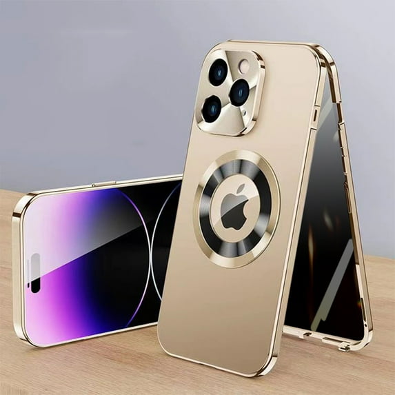 Anti-Peep Case for iPhone 12 Pro, Tempered Glass Privacy Screen Protector Dual-Layers Rugged PC Metal Frame Cover with CD Pattern Lens Circle Buckle Anti-Fingerprints Shockproof Case,Gold