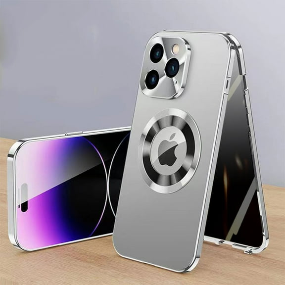 Anti-Peep Case for iPhone 13 Pro Max, Tempered Glass Privacy Screen Protector Dual-Layers Rugged PC Metal Frame Cover with CD Pattern Lens Circle Buckle Anti-Fingerprints Shockproof Case,Silver