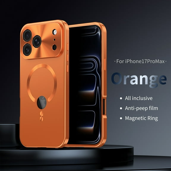 Anti-Peep Case for iPhone 17 Pro Max, Tempered Glass Privacy Screen Protector Dual-Layers Rugged PC Metal Frame Cover with CD Pattern Lens Circle Buckle Anti-Fingerprints Shockproof Case, Orange