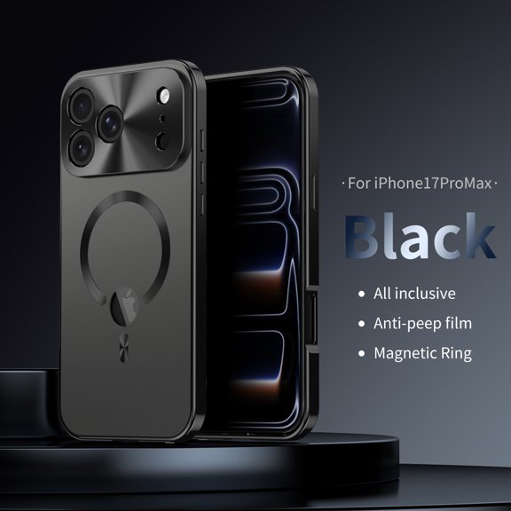 Anti-Peep Case for iPhone 17 Pro Max, Tempered Glass Privacy Screen Protector Dual-Layers Rugged PC Metal Frame Cover with CD Pattern Lens Circle Buckle Anti-Fingerprints Shockproof Case, Black