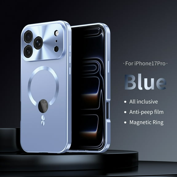 Anti-Peep Case for iPhone 17 Pro, Tempered Glass Privacy Screen Protector Dual-Layers Rugged PC Metal Frame Cover with CD Pattern Lens Circle Buckle Anti-Fingerprints Shockproof Case, Blue