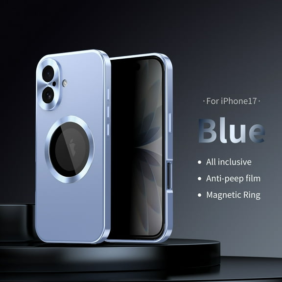 Anti-Peep Case for iPhone 17, Tempered Glass Privacy Screen Protector Dual-Layers Rugged PC Metal Frame Cover with CD Pattern Lens Circle Buckle Anti-Fingerprints Shockproof Case, Blue
