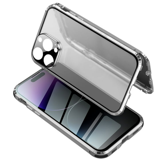 Anti-Peep Magnetic Case for iPhone 14 Pro, Double-Sides Privacy Clear Tempered Glass Back Rugged Bumper Cover with Lens Film Screen Protector Rugged Shockproof Anti-Scratches Phone Case, Silver