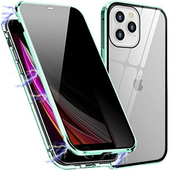 Anti Peep Magnetic iPhone 12 Case - (Green) Double Sided Privacy Tempered Glass Screen Protector Shockproof and Scratch Resistant Protection