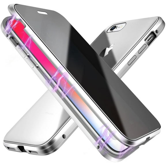 Anti Peep Magnetic iPhone 8 Case - (Silver) Double Sided Privacy Tempered Glass Screen Protector Shockproof and Scratch Resistant Protection