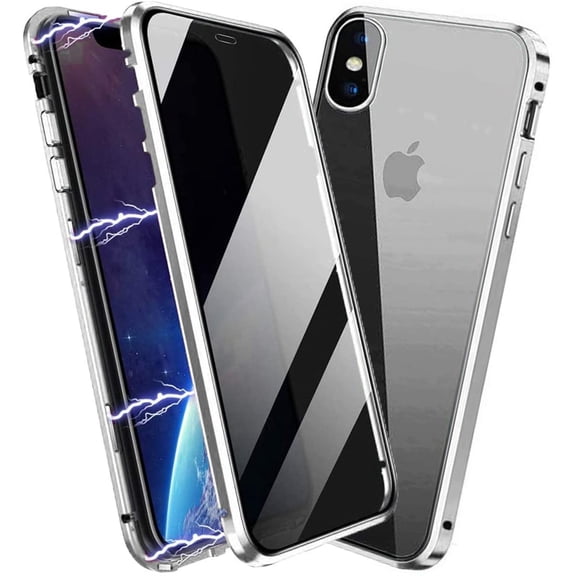 Anti Peep Magnetic iPhone XS Case [Silver] Double Sided Privacy Tempered Glass Screen Protector Shockproof and Scratch Resistant Protection