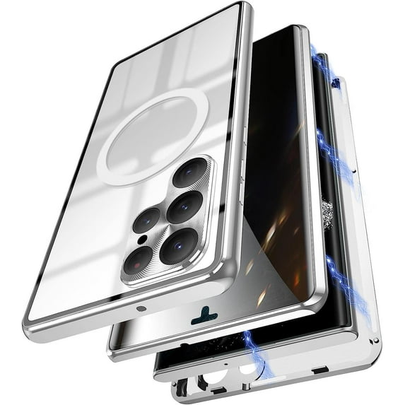Anti Peeping Case for Samsung Galaxy S22 Ultra, Double-Sided 360 Degree Protection Cover Compatible with Magsafe Anti Spy Privacy Glass Magnetic Adsorption Metal Bumper for S22U (Silver)