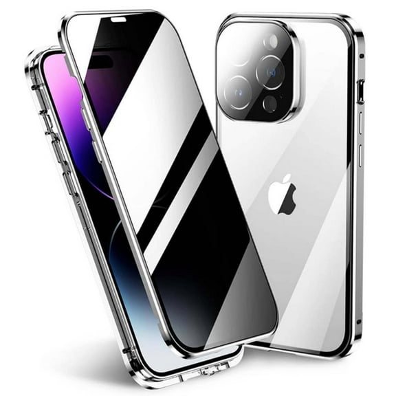 Anti Peeping Case for iPhone 16 Pro Max,Front Privacy Tempered Glass Cover,Magnetic adsorption Anti Peep Metal Frame with Lens Protector,Silver