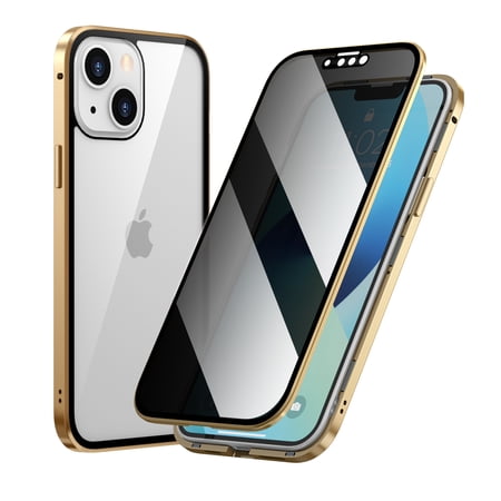 Anti-Peeping Case for iPhone 13 Mini 2021(5.4 inch), Allytech Double-Sided Tempered Glass Privacy Screen Protector Anti-Spy Magnetic Adsorption Full Protective Metal Frame Cover, Gold