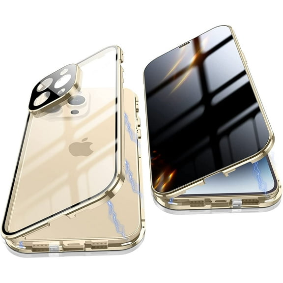 Anti Peeping Case for iPhone 14 Pro (6.1"), 360 Degree Front and Back Privacy Tempered Glass Cover, Anti SPY Screen, Anti Peep Magnetic Adsorption Metal Bumper for iPhone 14 Pro (Gold)