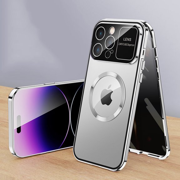 Anti Peeping Case for iPhone 14 Pro Compatible with MagSafe 360 Degree Full Protection Magnetic Absorption Metal Bumper Front Privacy Glass Back PC Matte Cover for iPhone 14 Pro, Silver