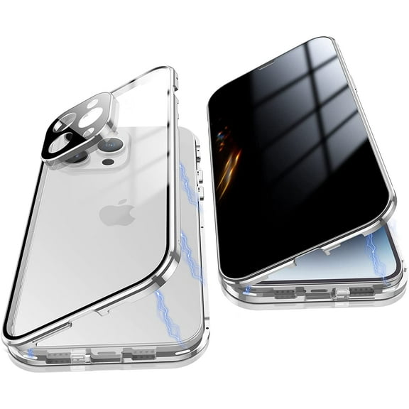 Anti Peeping Case for iPhone 14 Pro Max, 360 Degree Front and Back Privacy Tempered Glass Cover, Anti SPY Screen, Anti Peep Magnetic Adsorption Metal Bumper for iPhone 14 Pro Max (Silver)