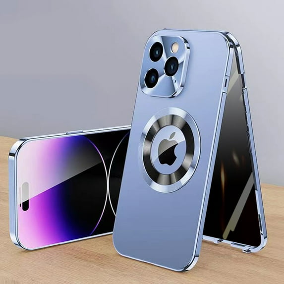 Anti Peeping Case for iPhone 16 Pro, Double-Sided 360 Degree Protection Cover Compatible with Magsafe Anti Spy Privacy Magnetic Adsorption Metal Bumper for iPhone 16 Pro, Blue