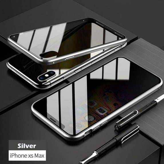 Anti-Peeping iphone XS Max Full Body Phone Case, Magnetic Absorption Double-Sided Tempered Glass Metal Bumper To Protect Privacy Protection Cover For iphone XS Max (Silver)