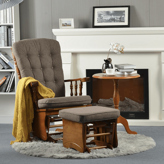 Anti-Pinch Glider Chair w/ Ottoman, Rubber Wood Glider Rocking Chair Sets for Nursing, Antique Brown