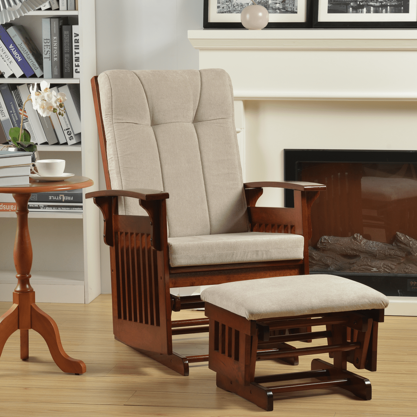 AntiPinch Glider Chair w/ Ottoman, Rubber Wood Glider Rocking Chair