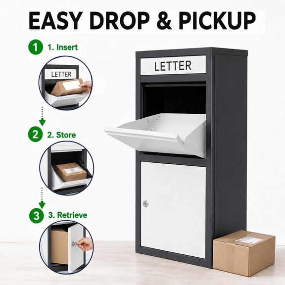 Anti Pry Package Delivery Box, Heavy Duty Galvanized Steel Parcel Drop Bin, Black & White Mailbox for High Theft Porch