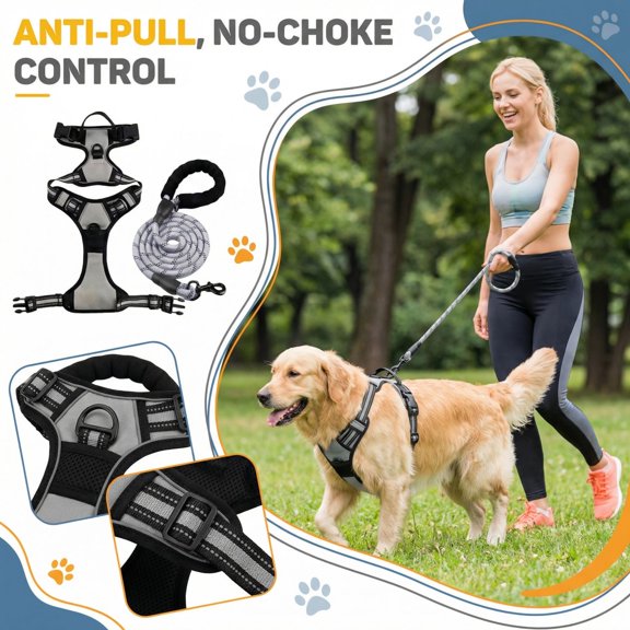 Anti Pull Dog Harness, Dog Harness and Leash Set, Front Clip Harness Dog, Reflective Dog Harness, Harness for Dogs, Padded Nylon Construction, 48 in Leash, Gray, 2 Pcs, Backyard