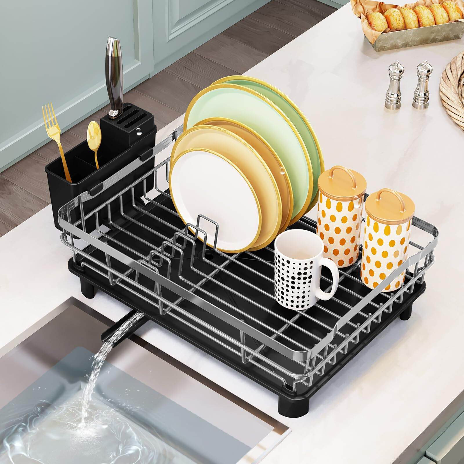Anti-Rust Dish Drainer Drying Rack with Removable Drip Tray and Cutlery ...