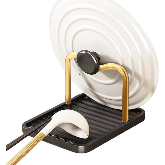 Anti-Rust Metal Spoon Rest with Lid Holder, Heat-Resistant Pot Rest, Multifunctional Spatula Holder While Cooking for Stovetop and Kitchen Counter  Black Gold