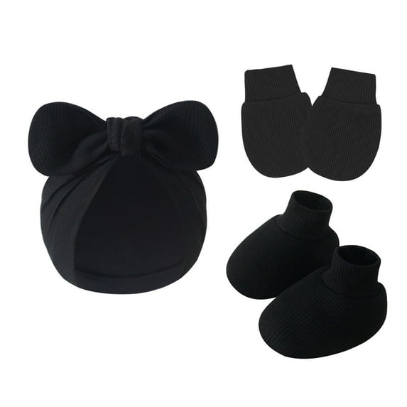 Anti Scratch Baby Bowknot Hat Gloves and Foot Covers Set Soft Cotton Newborns Unisex Mittens with Turban Hat Socks