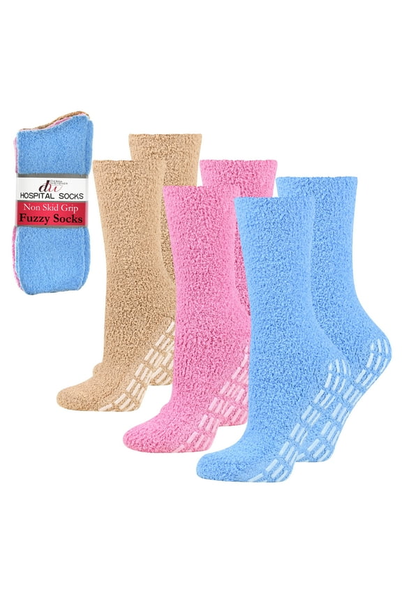 Anti-Skid Hospital Socks Fuzzy Sleeping Socks Grip Socks For Women Men 3 Pairs Blue/Pink/Beige