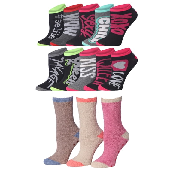 Anti-Skid Mocha Blush Fuzzy Socks - 3 Pairs + Love Notes Ankle Socks - 10 Pairs Bundle