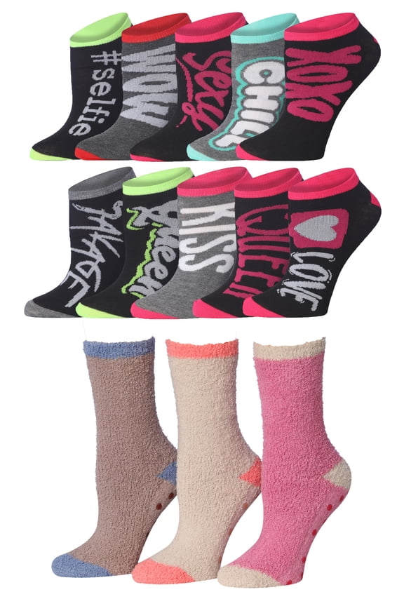 Anti-Skid Mocha Blush Fuzzy Socks - 3 Pairs + Love Notes Ankle Socks - 10 Pairs Bundle