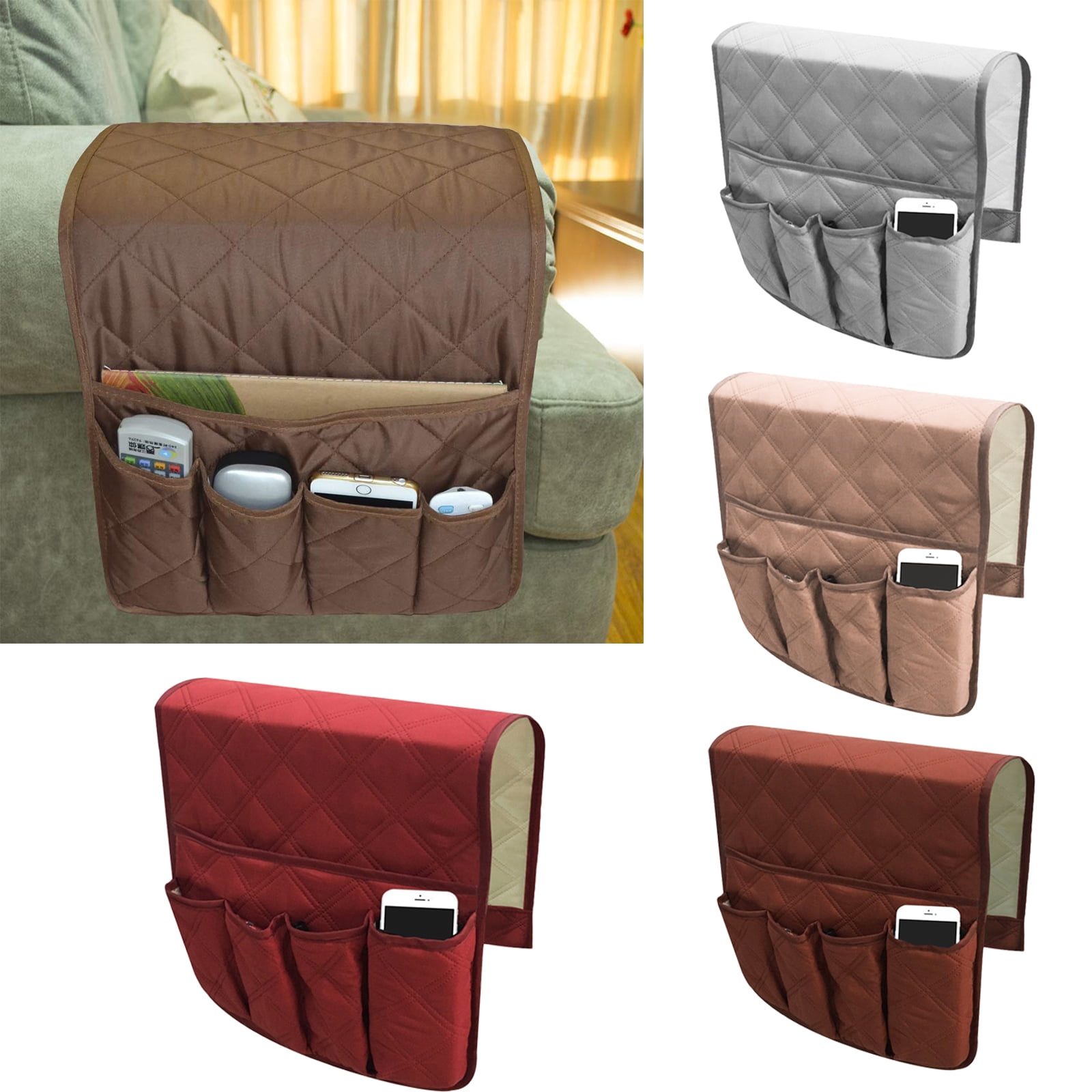 beige armrest caddy with remote accessories
