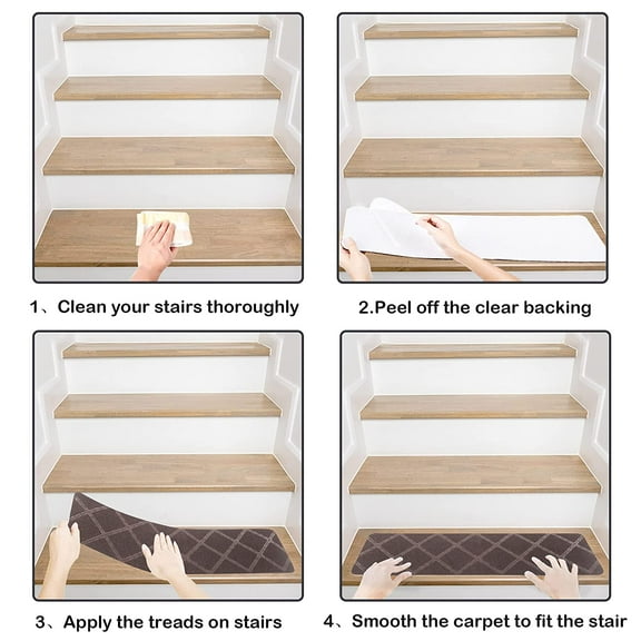 Anti-Slip Carpet Suitable for Wooden Stairs Comfortable and Soft Step Mat Embossed Square Stair Mat with Self-Adhesive Safety ,15 Pieces, Brown