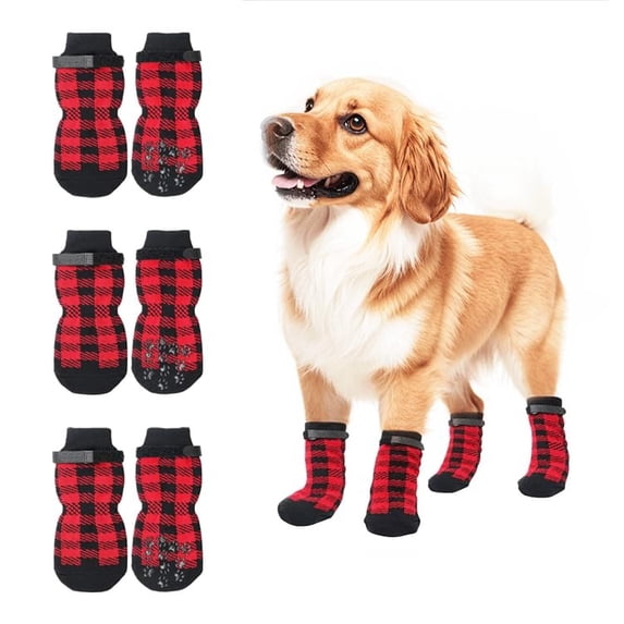 Anti-Slip Dog Socks for Large Dogs - Winter Boots for Cold Weather - Red & Black- Size XL