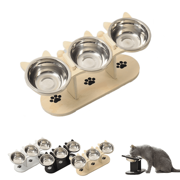 Anti-Slip Elevated 3-Bowl Pet Feeder,Ideal for Improved Posture and Comfort,Feeder for Cats and Small Dogs.(Natural Wood Tone)