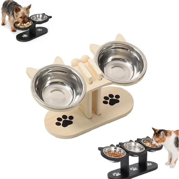 Anti-Slip Elevated 3-Bowl Pet Feeder, Non-Slip Elevated Pet Feeder with 3 Bowls, Raised Feeding Station for Cats and Small Dogs, Ideal for Improved Posture and Comfort (A-Natural Wood)