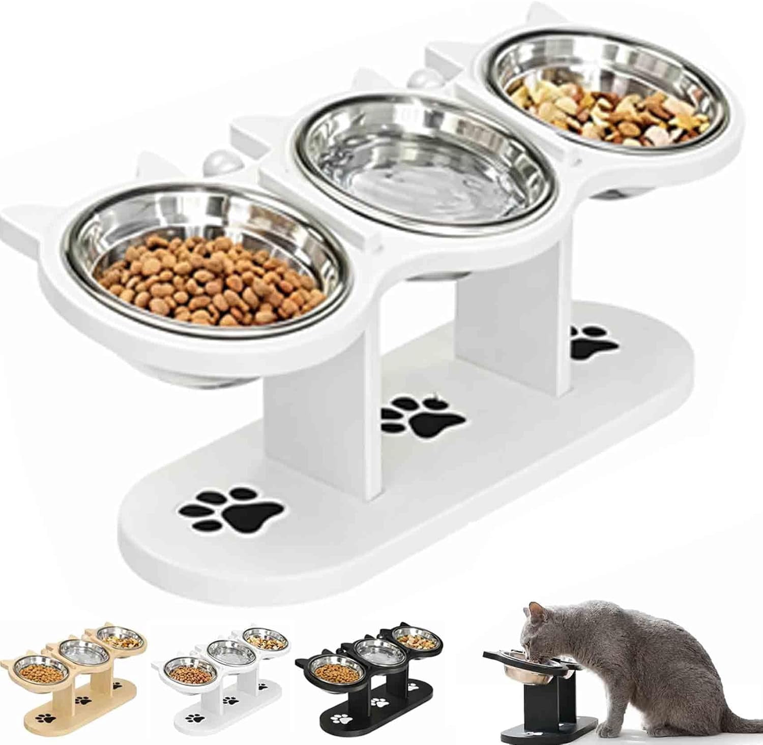 Anti-Slip Elevated 3-Bowl Pet Feeder Set, Raised Cat and Small Dog Food Water Bowls with Stand, No Spill Multi-Pet Feeding Station Water Bowl for Wet Dry Kibble, Neck Strain Relief (White)