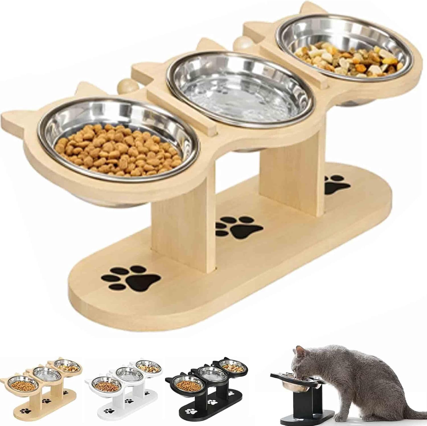 Anti-Slip Elevated 3-Bowl Pet Feeder Set, Raised Cat and Small Dog Food Water Bowls with Stand, No Spill Multi-Pet Feeding Station Water Bowl for Wet Dry Kibble, Neck Strain Relief (Wood)