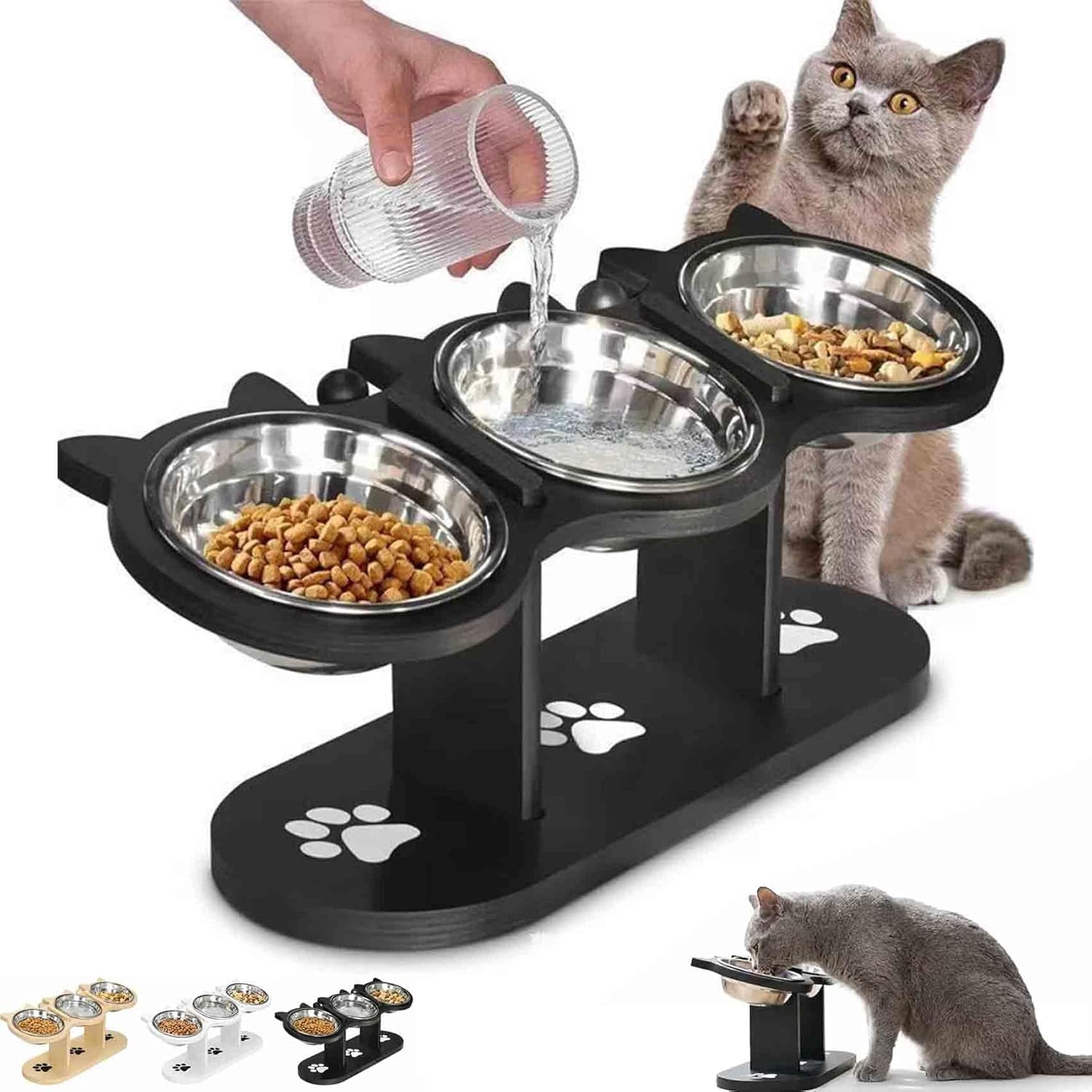 Anti-Slip Elevated 3-Bowl Pet Feeder Set, Raised Cat and Small Dog Food Water Bowls with Stand, No Spill Multi-Pet Feeding Station Water Bowl for Wet Dry Kibble, Neck Strain Relief (Black)